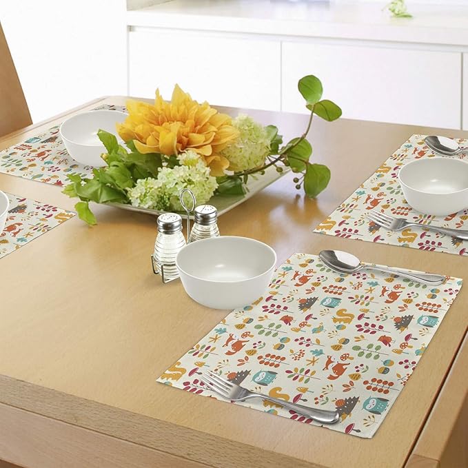 Ambesonne Cartoon Place Mats Set of 4, Autumn Pattern Owl Fox Squirrel Birds - Image 4