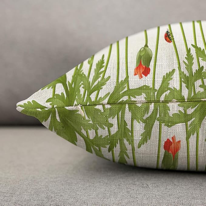 TKS MITLAN Red Poppy Pillow Covers 18 x 18 Inch Spring Flowers Rustic Linen - Image 6