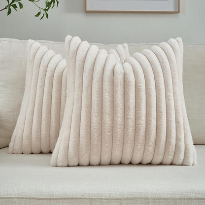 FUTEI Light Beige Throw Pillow Covers Set of 2, 22x22 Inch Striped Texture by FUTEI