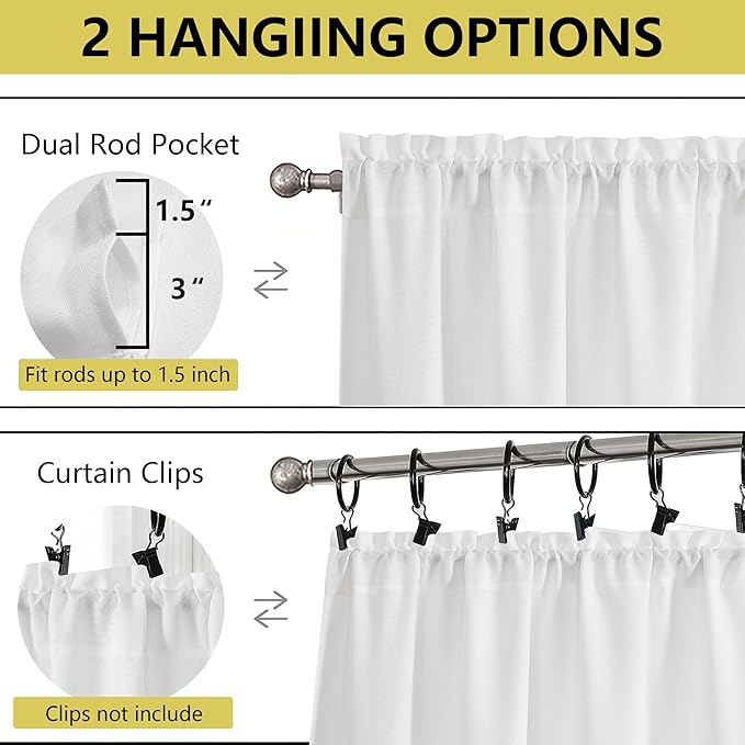 White Kitchen Curtains 24 Inch Length 2 Panels, Light Filtering Faux Linen - Image 4