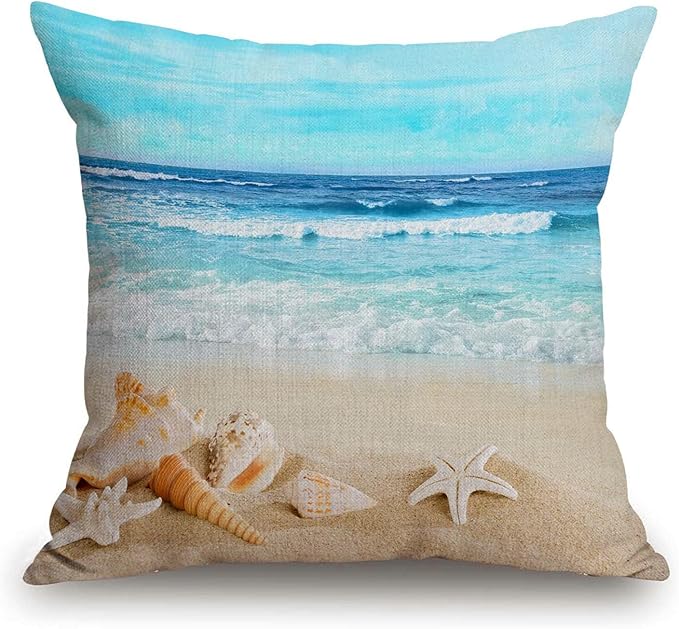 Seashell Starfish Beach Themed Pattern Cotton Linen Throw Pillow Case Hawaiia by TSSOHU