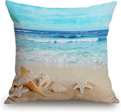 Seashell Starfish Beach Themed Pattern Cotton Linen Throw Pillow Case Hawaiia - Image 3