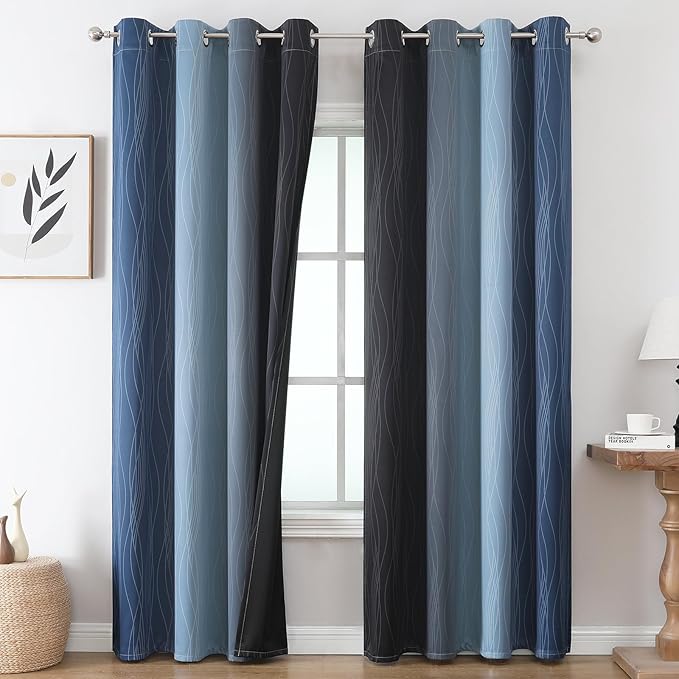 Estelar Textiler Navy Blue and Black Ombre Blackout Curtains 90 Inches Long 2 - Image 2