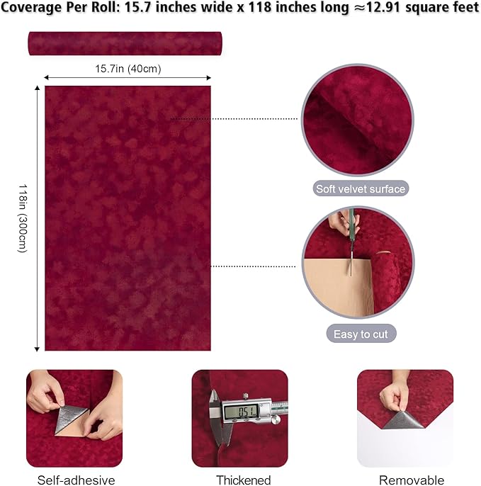 Red Velvet Drawer Liner 15.7"x118" Self Adhesive Burgundy Velvet Fabric - Image 8