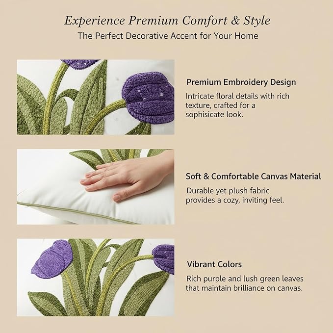 18x18 Embroidered Throw Pillow Covers Set – Purple Tulip Cotton Decorative - Image 9