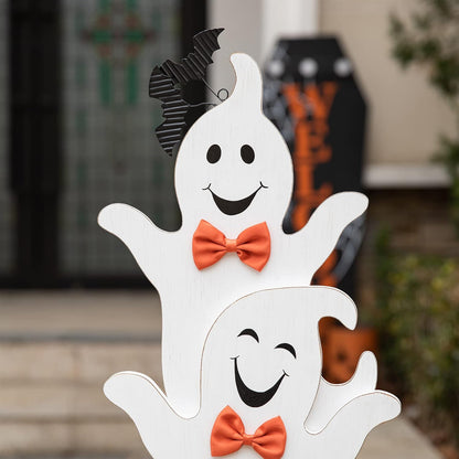 Glitzhome 37.5'H Halloween Wooden Stacked Ghost Porch Sign, Farmhouse Ghost Standing Decor with Base, Rustic Welcome Sign for Home Party Decor