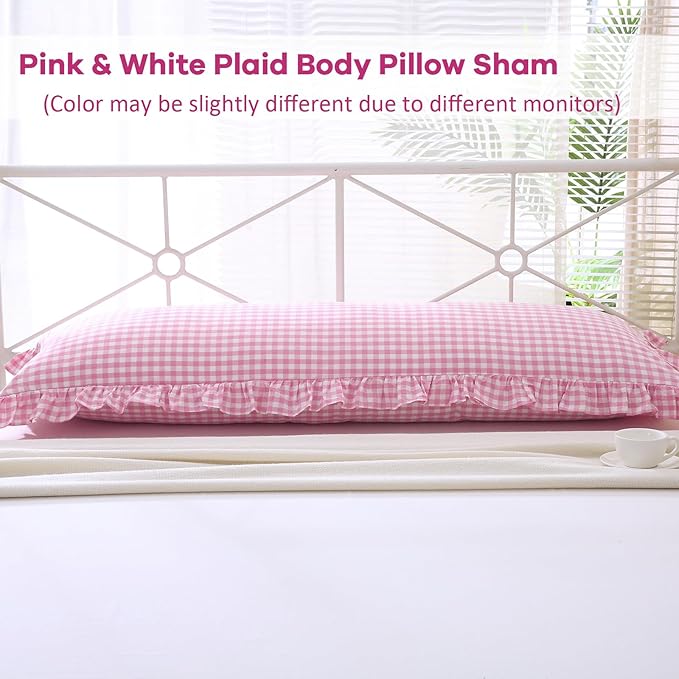 Pink White Plaid Ruffle Gingham Body Pillow Cover, 100% Washed Cotton Rustic - Image 2