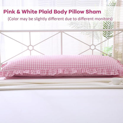 Pink White Plaid Ruffle Gingham Body Pillow Cover, 100% Washed Cotton Rustic - Image 2