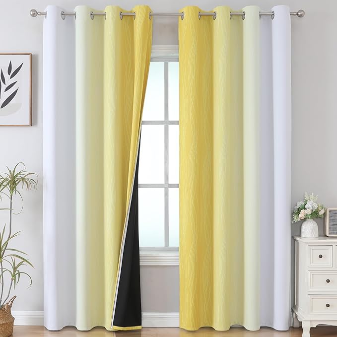 Estelar Textiler Yellow and Grayish White Blackout Curtains 108 Inches Long - Image 2