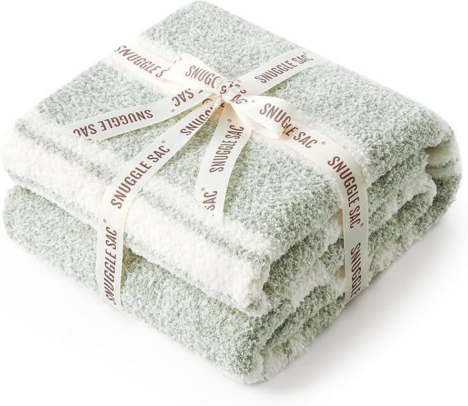 Snuggle Sac Stripe Sage Green Blanket Twin Size, Reversible Super Soft Warm Bed - Image 4