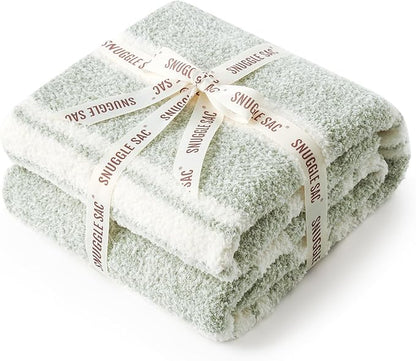 Snuggle Sac Stripe Sage Green Blanket Twin Size, Reversible Super Soft Warm Bed - Image 4