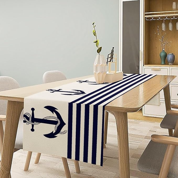 Nautical Anchor Table Runner Vintage Geometric Stripe Modern Sea Adventure - Image 2