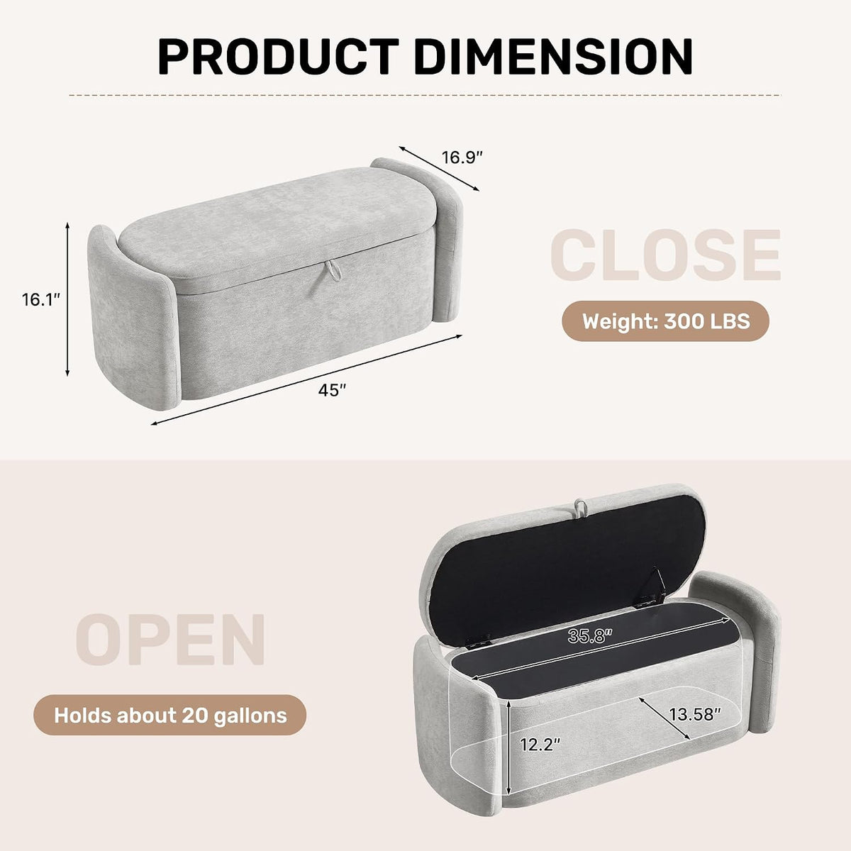 oval ottoman bench with 20 gal of storage shown in use