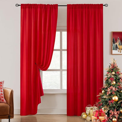 HOMEIDEAS Christmas Non-See-Through Red Privacy Semi Sheer Curtains 63 Inches - Image 3