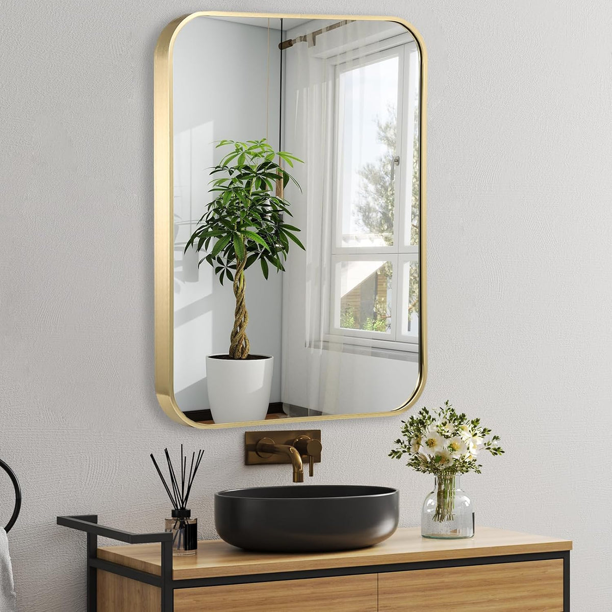 24x36 inch gold bathroom mirror, brushed brass gold, front angle view