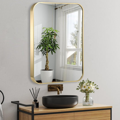 24x36 inch gold bathroom mirror, brushed brass gold, front angle view