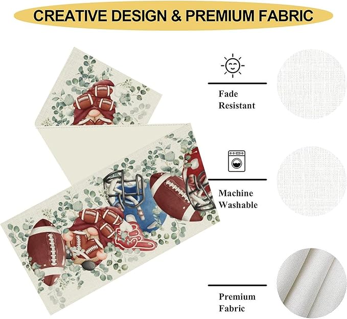 Rugby Table Runner, Seasonal Eucalyptus Rugby Boy Gnome Football Game Day - Image 5