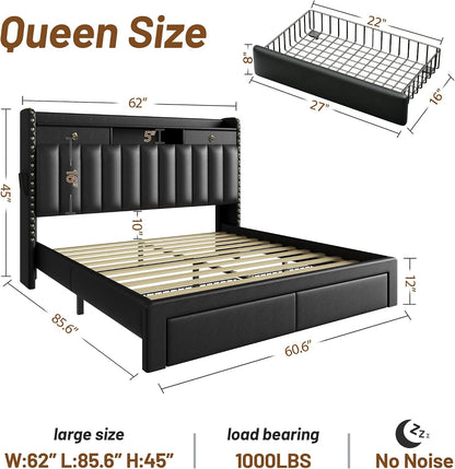 cypbed queen bed frame with 2-tier storage headboard shown in use