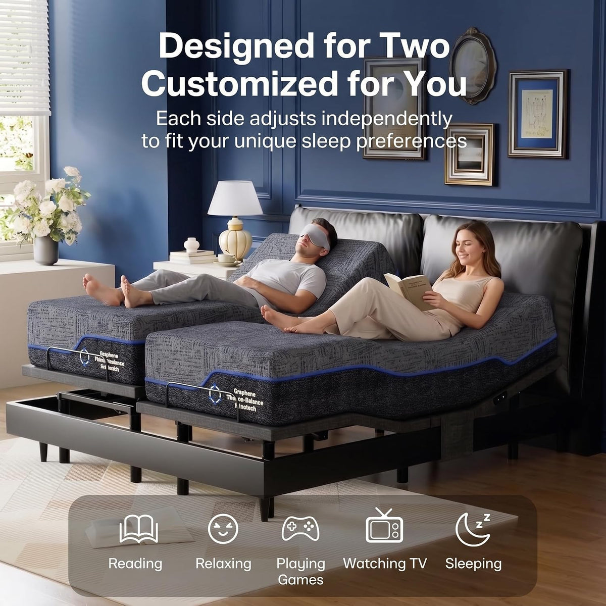 marsail split king adjustable bed frame with mattress shown in use