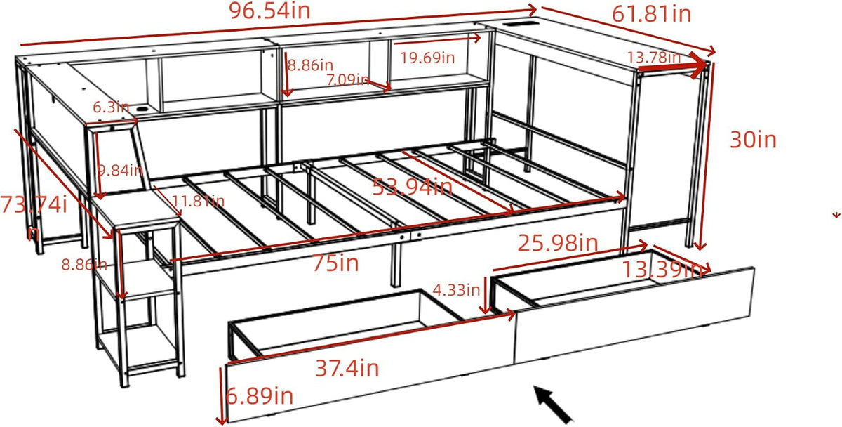 bellemave full size corner bed frame with storage, close-up detail