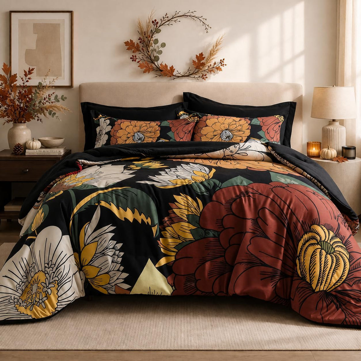 tyrot black boho floral king comforter set, main product view