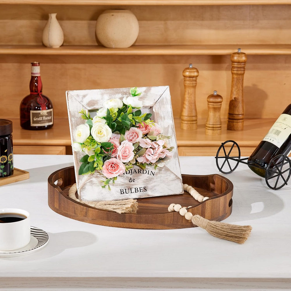 HouseJoy Wood Serving Tray with Handle,Ottoman Tray with High Edge
