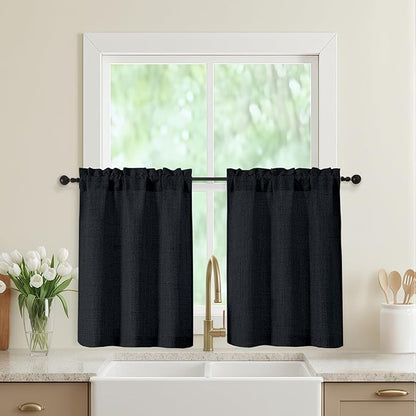 Black Kitchen Curtains 30 Inch Length 2 Panels, Light Filtering Farmhouse Linen by WelvetBLK