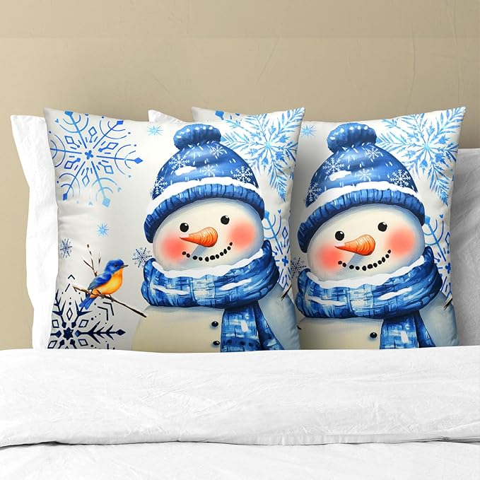 Winter Snowman Throw Pillow Covers 16x16 inch Set of 2 Christma Snowman Blue - Image 3