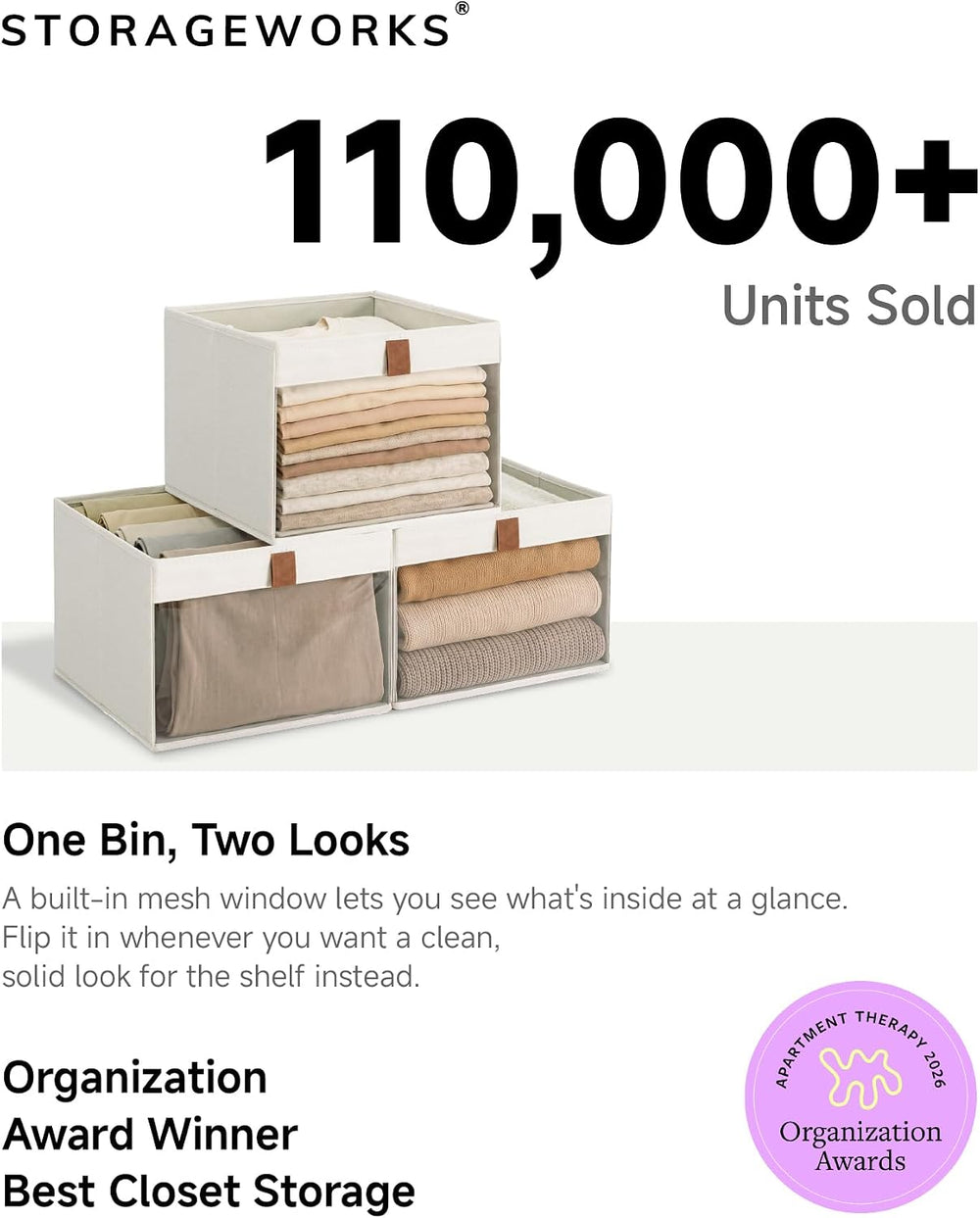 StorageWorks Closet Organizer Bins with Clear Window, Beige