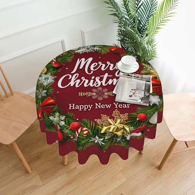 Merry Christmas Wreath Round Tablecloth 60 Inch, Christmas Decorations Round - Image 2