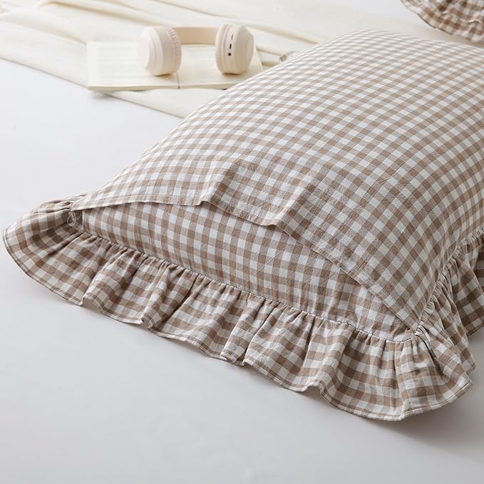Aryeleay 2 Pack Taupe White Plaid Gingham Ruffle Pillow Shams Standard Size - Image 4