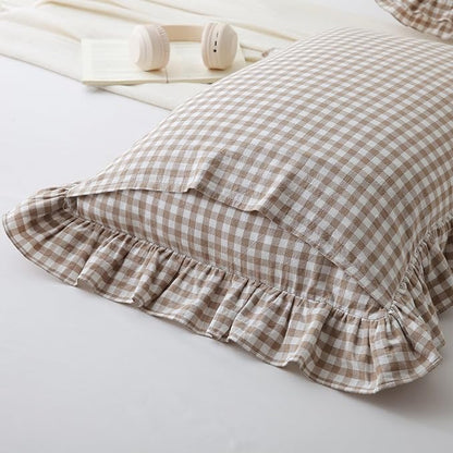 Aryeleay 2 Pack Taupe White Plaid Gingham Ruffle Pillow Shams Standard Size - Image 4