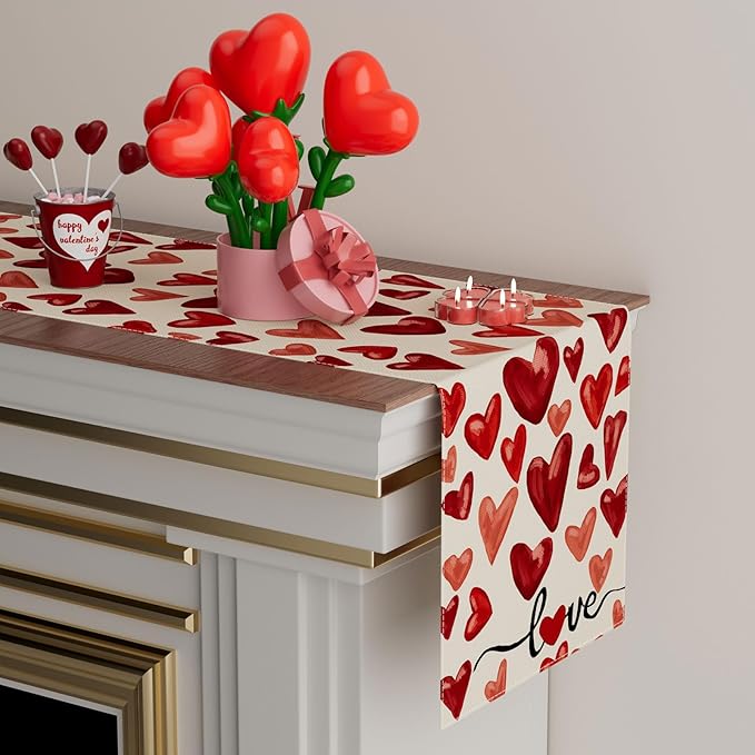 XCHI Watercolor Red Love Hearts Valentine’s Day Table Runner Table Decoration - Image 3