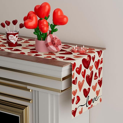 XCHI Watercolor Red Love Hearts Valentine’s Day Table Runner Table Decoration - Image 3