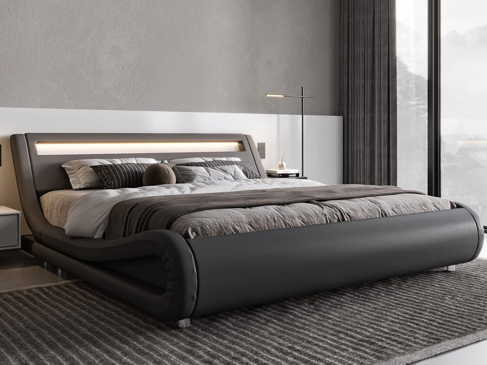 Allewie Full Size LED Platform Bed Frame with Adjustable Headboard, Grey