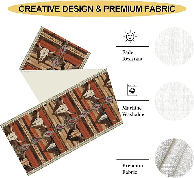 Western Table Runner, Rustic Country Cow Aztec Retro Farmhouse Bones American - Image 5