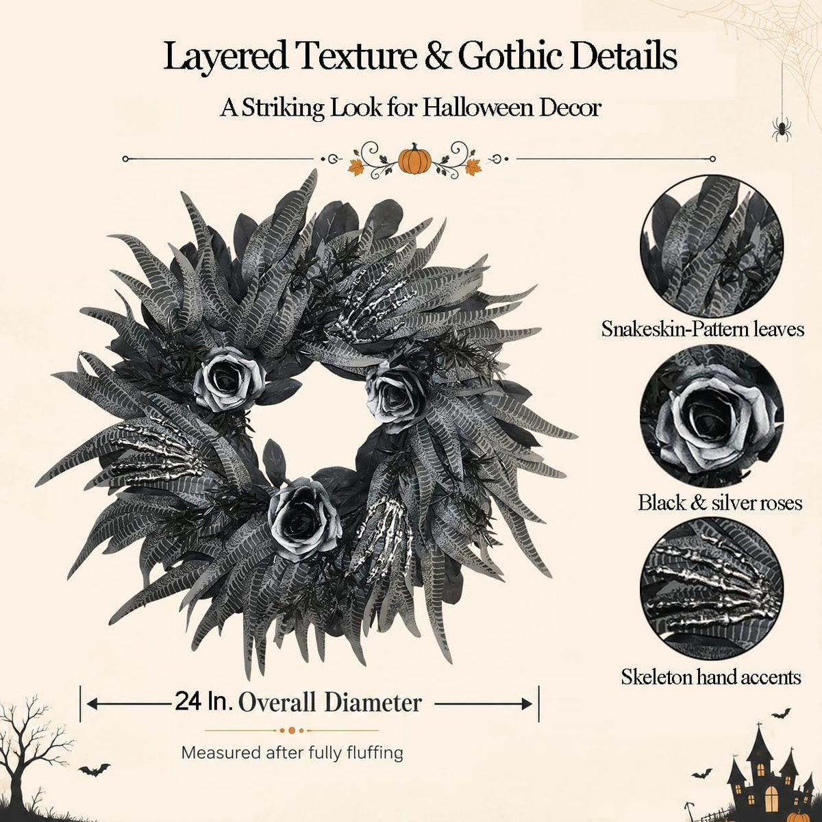 24 Inch Black and Silver Rose Halloween Wreath with 3 Skeleton Hands