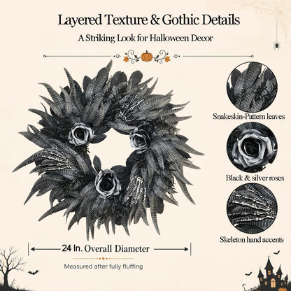 24 Inch Black and Silver Rose Halloween Wreath with 3 Skeleton Hands