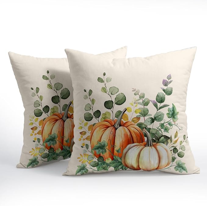 Fall Throw Pillow Cover 20x20 Inch Pack of 2 Autumn Watercolor Pumpkin Sage - Image 2