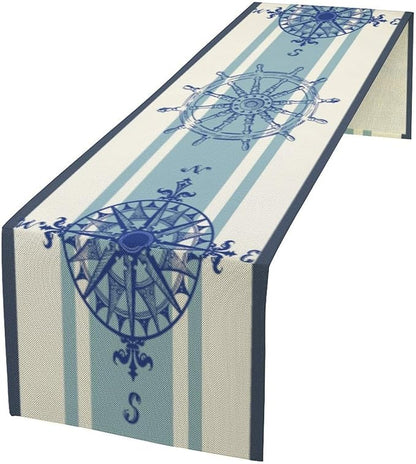 Nautical Compass Table Runner Vintage Navy Blue Striped Coastal Compass Spring by moderw