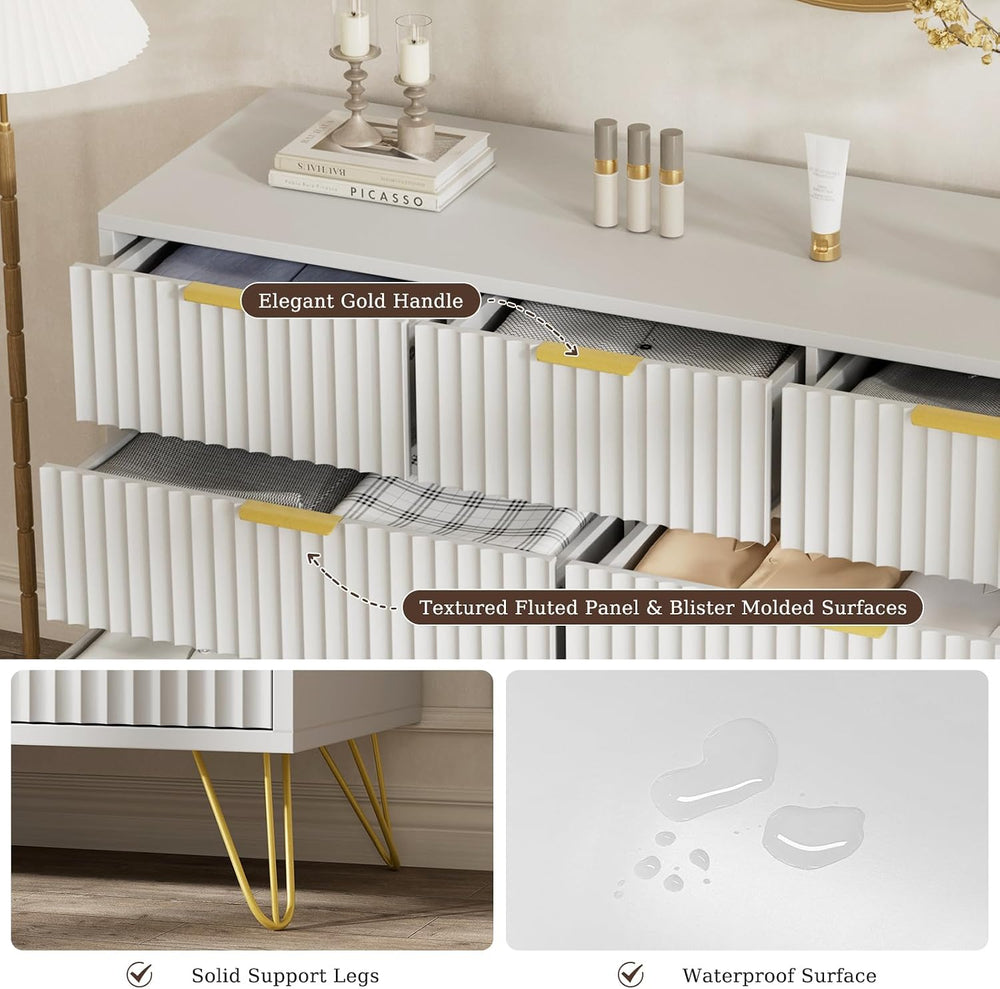 LYNSOM Fluted Dresser for Bedroom, White 7 Drawer Dresser with Gold Handles a...