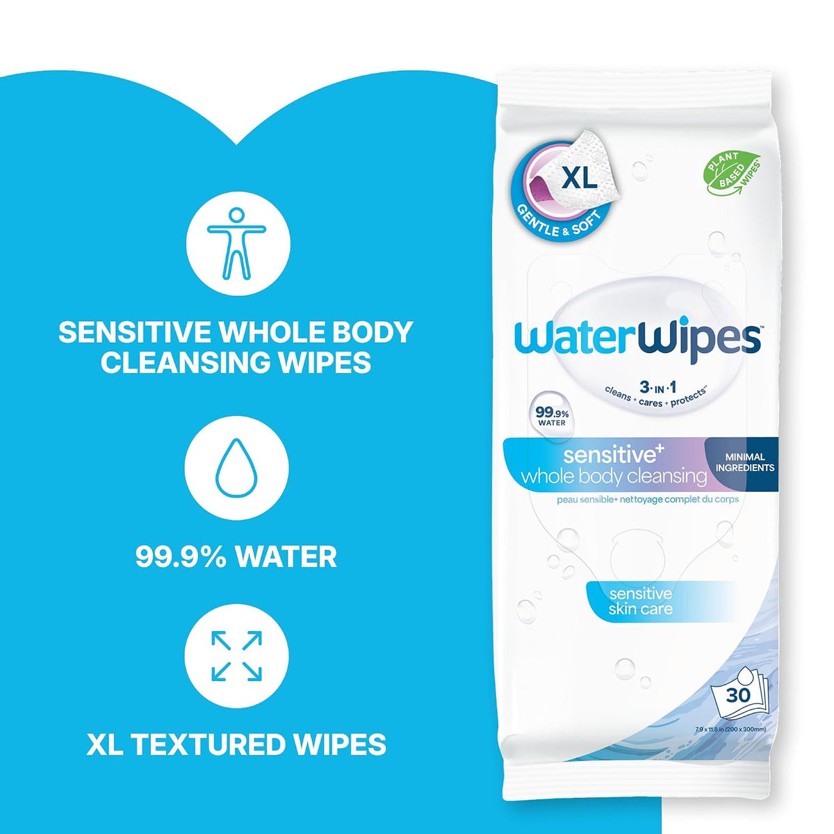 waterwipes sensitive whole body cleansing wipes, 99.9% purified, close-up detail