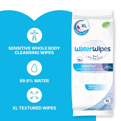 waterwipes sensitive whole body cleansing wipes, 99.9% purified, close-up detail
