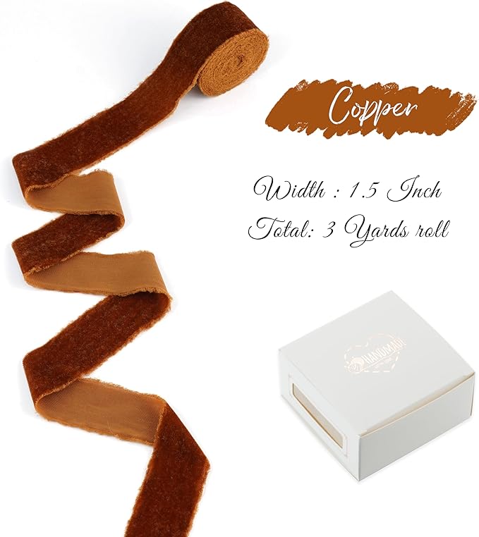 Copper Velvet Ribbon 1.5 inch Copper Frayed Velvet Ribbon Raw Edge Ribbon - Image 2