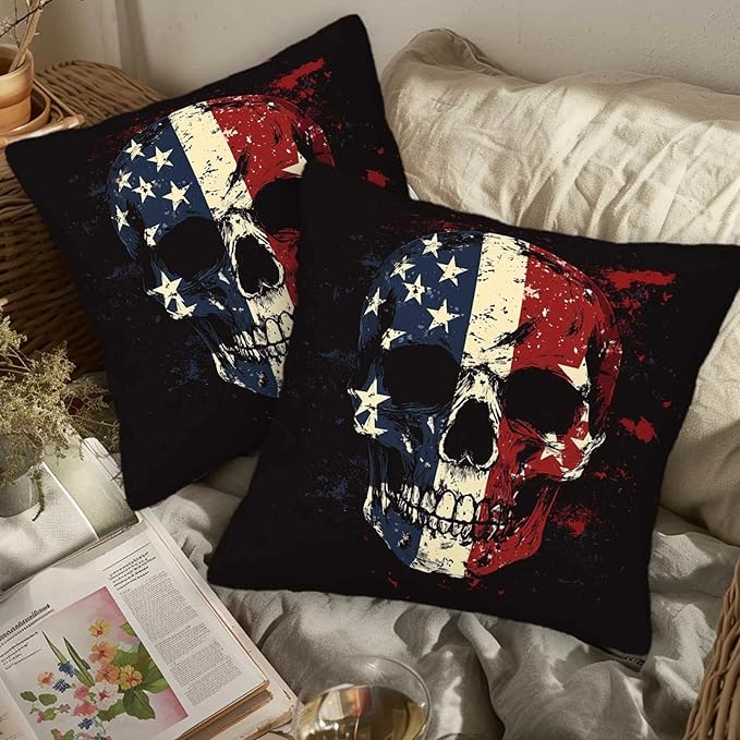 Patriotic Skull Throw Pillow Covers 18x18 Set of 2 | Decorative Cushion Cases - Image 3