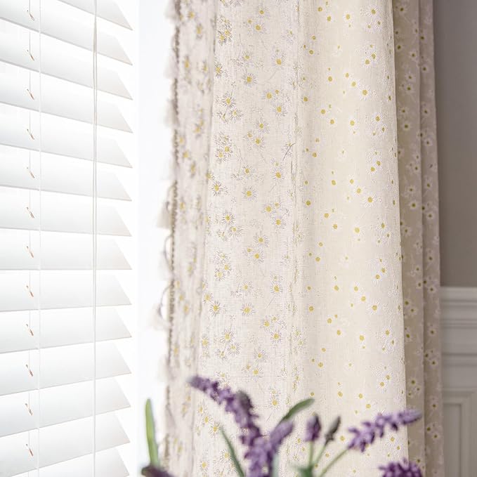 ENJOYBRIDAL Daisy Floral Curtains 84 Inch Length 4 Panels Tassel Drapes Rod by ENJOYBRIDAL