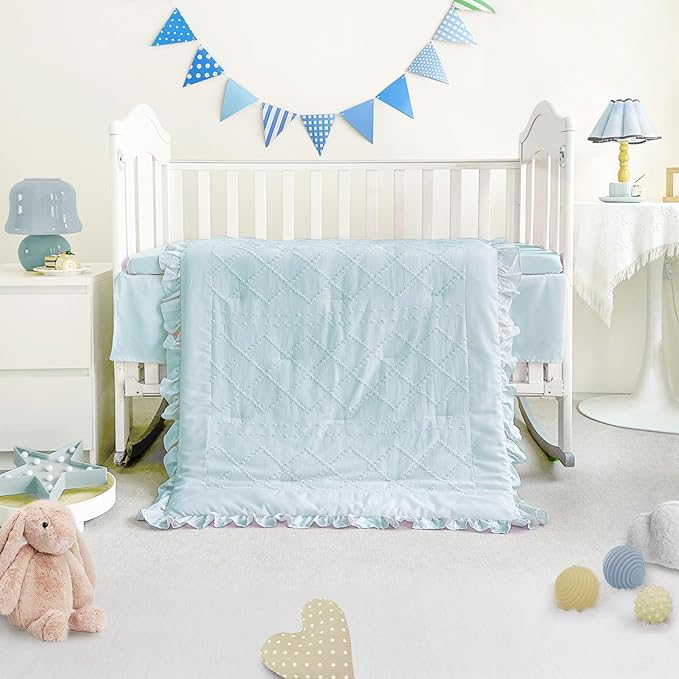 Wowelife Mini Crib Bedding Set for Girls, 3 Piece Tufted Jacquard Ruffle Fringe - Image 2