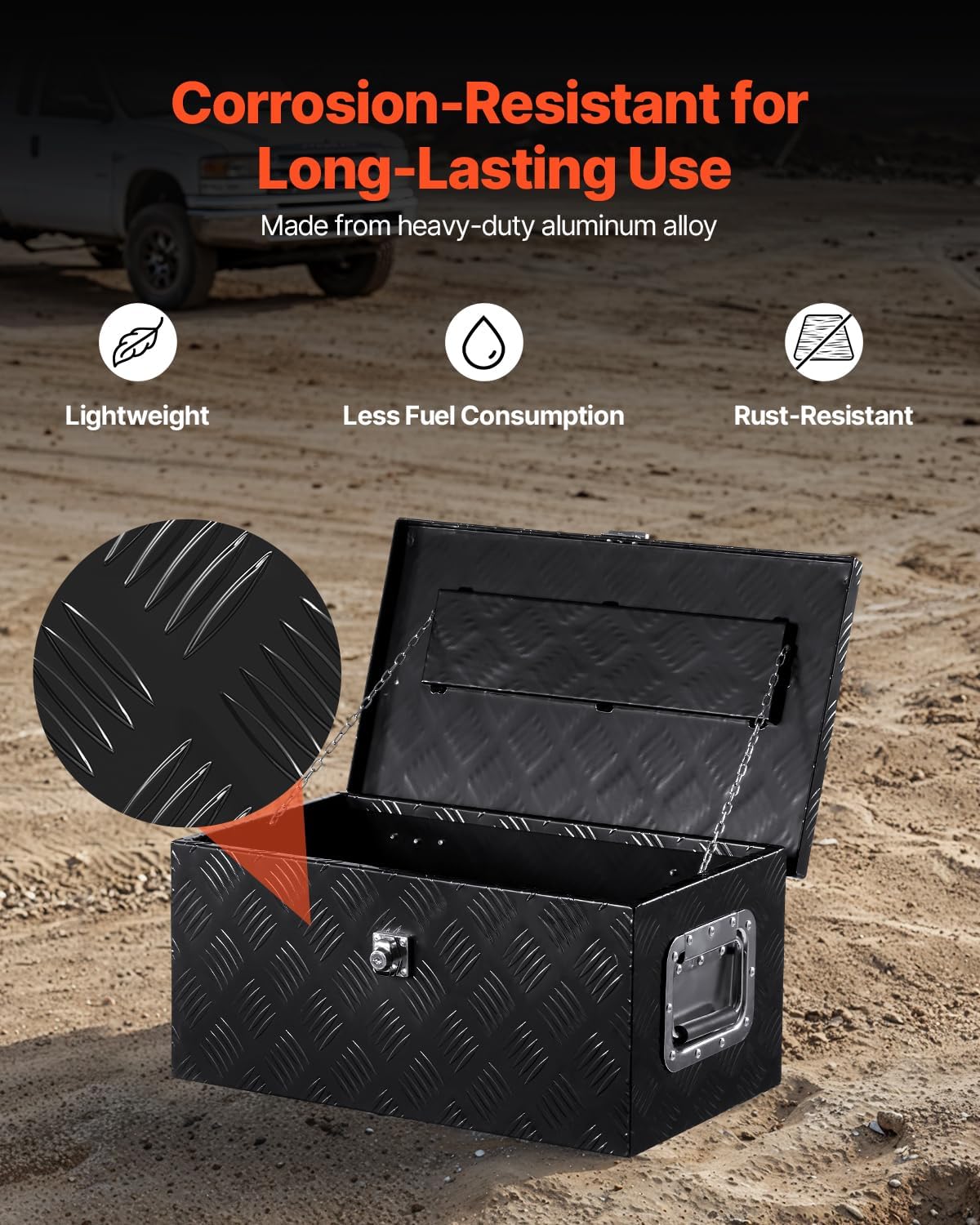 vevor heavy duty aluminum truck bed tool box, close-up detail