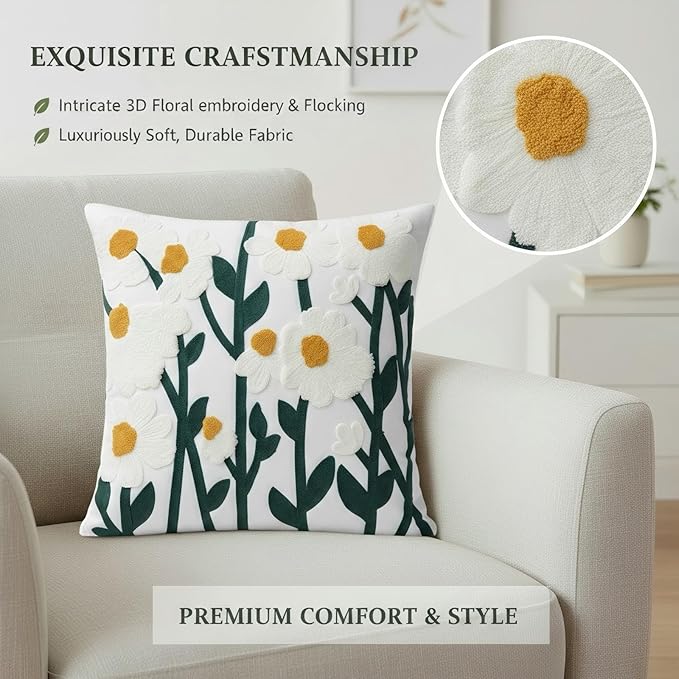 18x18 Embroidered Throw Pillow Cover – Green Daisy Floral Cotton Decorative - Image 4