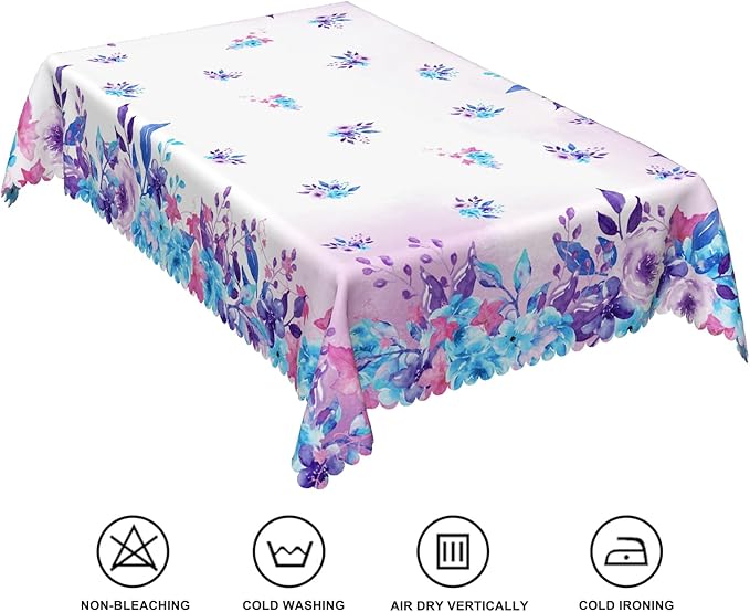 60x84inches Floral Rectangle Tablecloth Watercolor Purple Blue Flowers Printed - Image 6